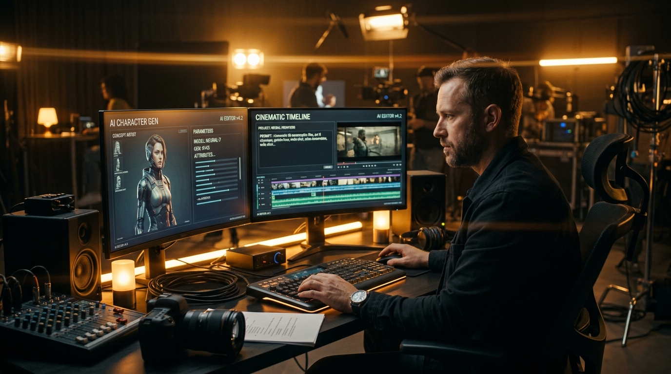 AI filmmaker working at dual-monitor workstation directing AI movie timeline