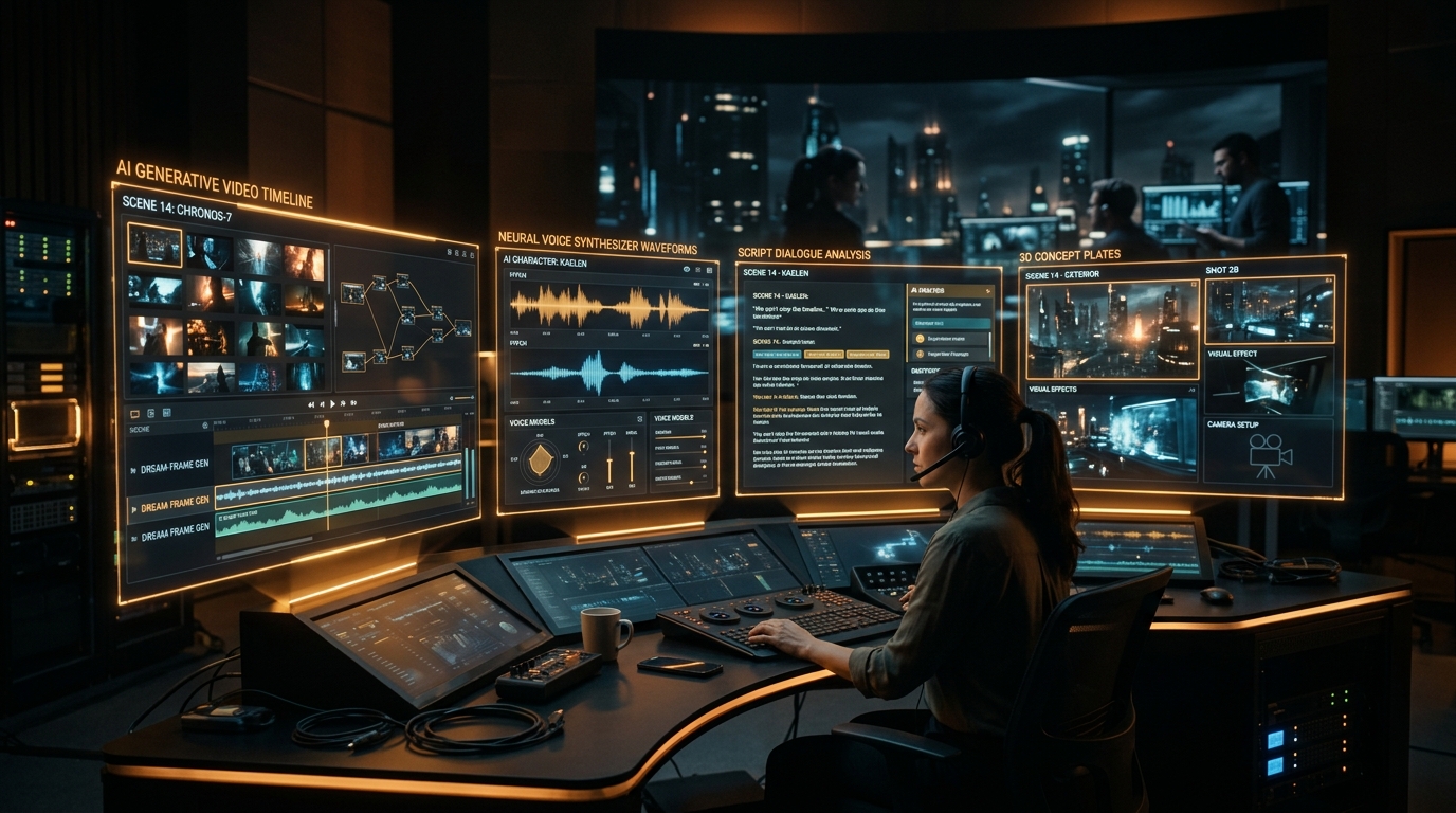 AI movie production studio desk displaying generative video timelines and neural voice audio waveforms