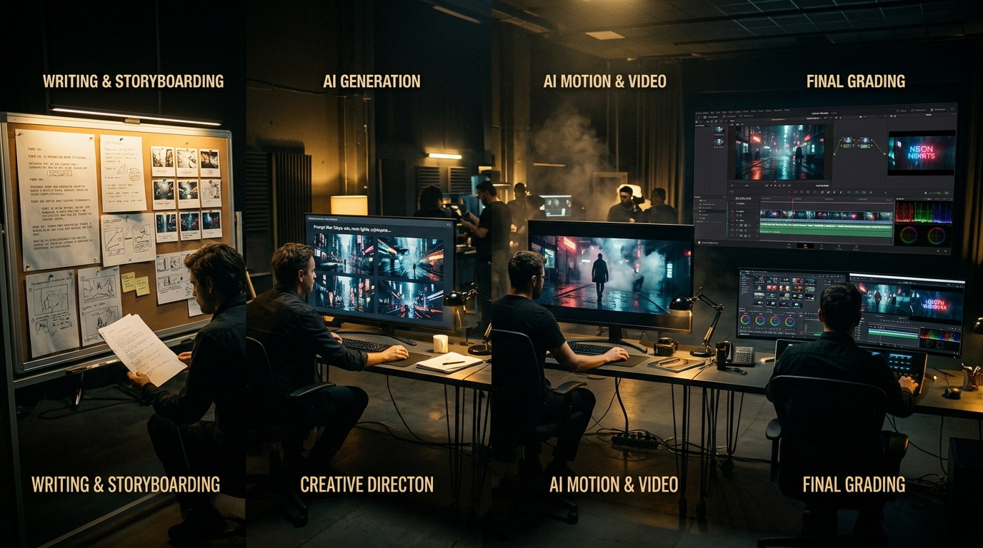 Studio production pipeline progression from scriptwriting and storyboard to AI generative video and DaVinci color grading