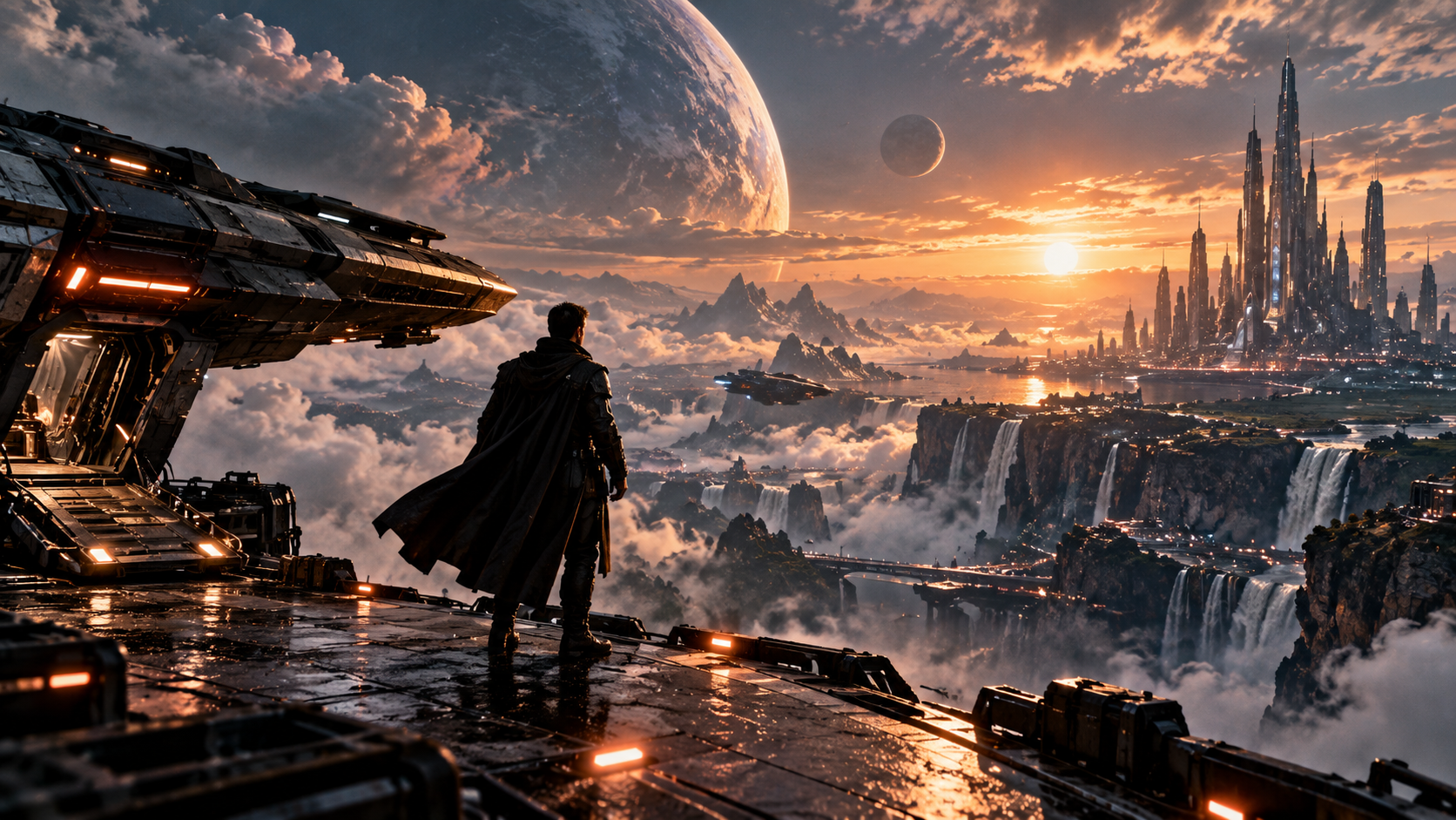Cinematic wide establishing plate with sci-fi megacity and protagonist